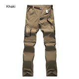 Pantalon randonnée homme kaki 2 en 1 TRVLWEGO AD083, poches zippées, ceinture, jambes convertibles, séchage rapide.