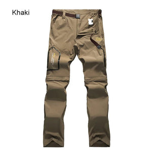 Pantalon randonnée homme kaki 2 en 1 TRVLWEGO AD083, poches zippées, ceinture, jambes convertibles, séchage rapide.
