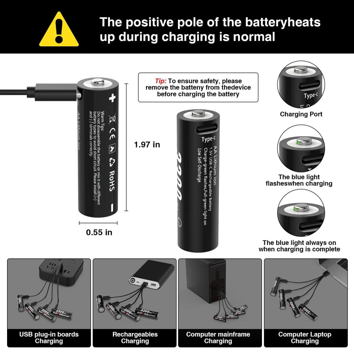 Piles rechargeables au lithium USB type - C 1,5 V 3300 mWh "AIPEKE - AA" - Planète Rando