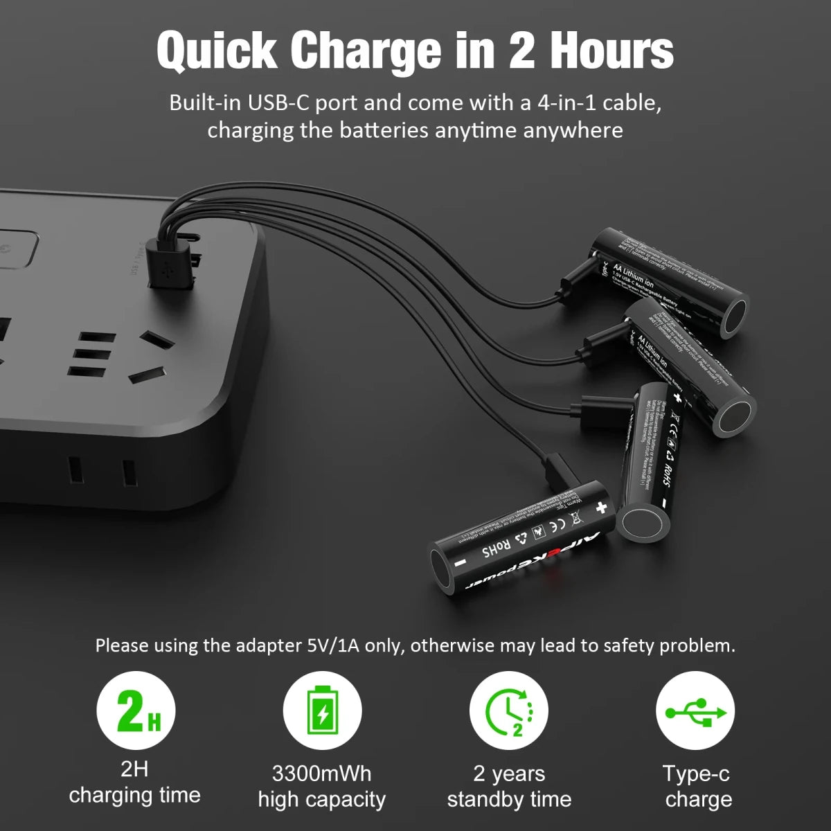 Piles rechargeables au lithium USB type - C 1,5 V 3300 mWh "AIPEKE - AA" - Planète Rando