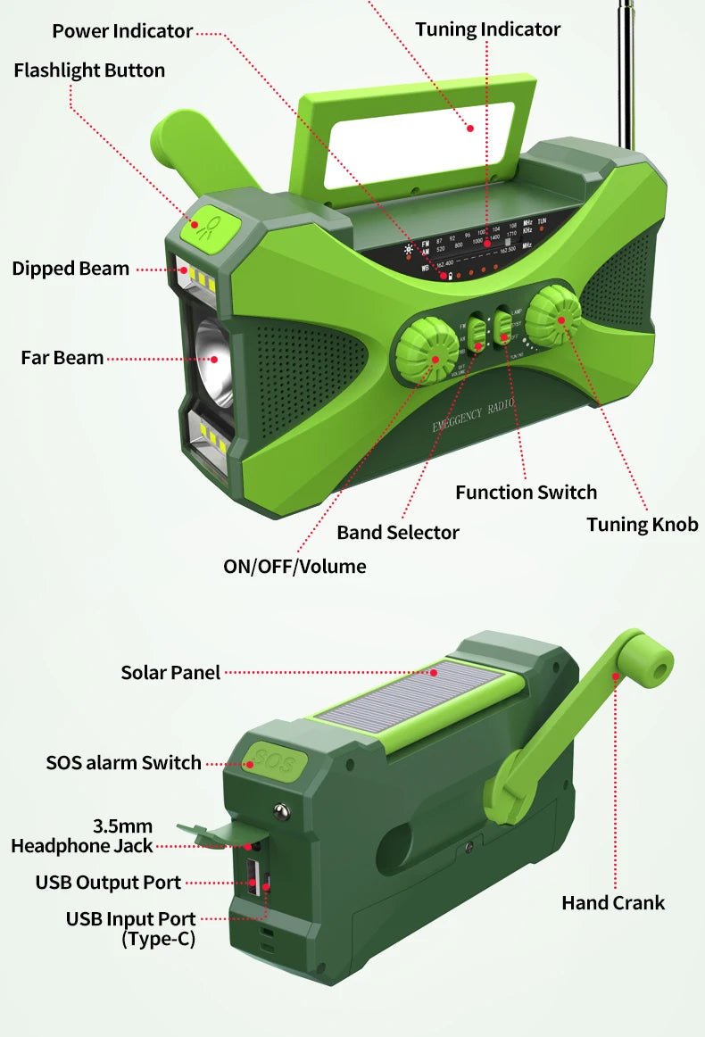 Radio d'urgence à manivelle AM/FM/NOAA avec chargeur de téléphone portable et lampe torche LED 10 000 mAh "Emergency Radio - EM01" - Planète Rando