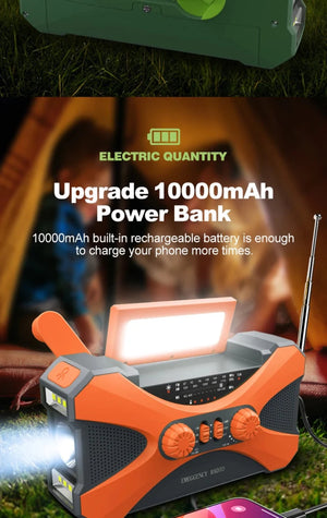 Radio d'urgence à manivelle AM/FM/NOAA avec chargeur de téléphone portable et lampe torche LED 10 000 mAh "Emergency Radio - EM01" - Planète Rando