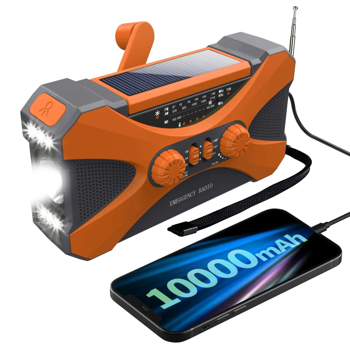 Radio d'urgence à manivelle AM/FM/NOAA avec chargeur de téléphone portable et lampe torche LED 10 000 mAh "Emergency Radio - EM01" - Planète Rando