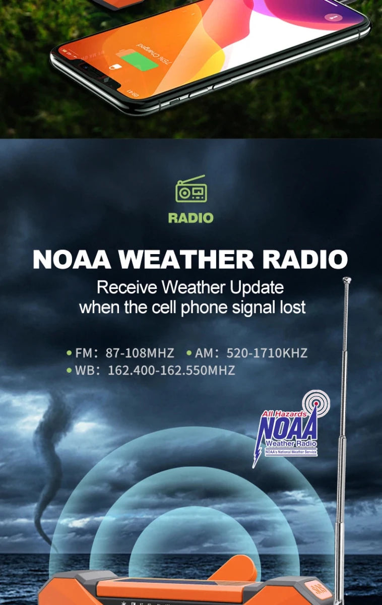 Radio d'urgence à manivelle AM/FM/NOAA avec chargeur de téléphone portable et lampe torche LED 10 000 mAh "Emergency Radio - EM01" - Planète Rando