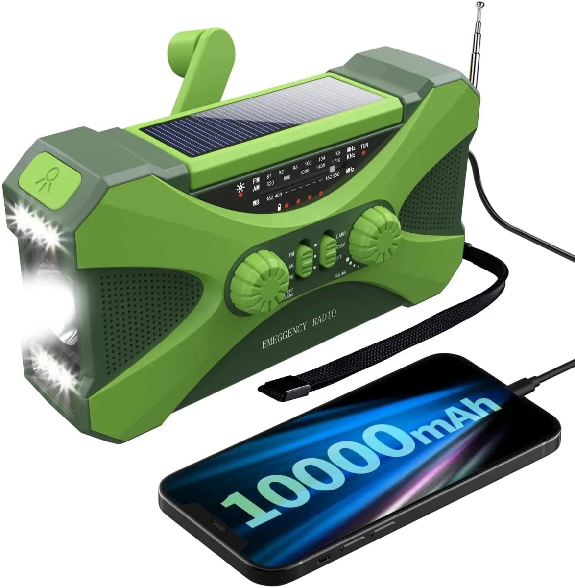 Radio d'urgence à manivelle AM/FM/NOAA avec chargeur de téléphone portable et lampe torche LED 10 000 mAh "Emergency Radio - EM01" - Planète Rando
