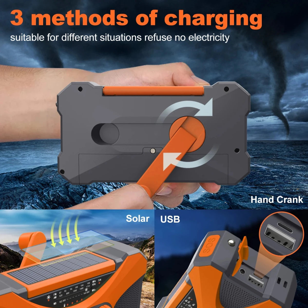 Radio d'urgence à manivelle AM/FM/NOAA avec chargeur de téléphone portable et lampe torche LED 10 000 mAh "Emergency Radio - EM01" - Planète Rando