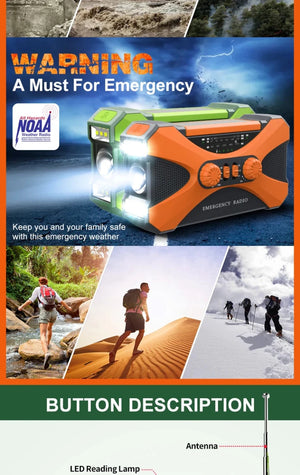 Radio d'urgence à manivelle AM/FM/NOAA avec chargeur de téléphone portable et lampe torche LED 10 000 mAh "Emergency Radio - EM01" - Planète Rando