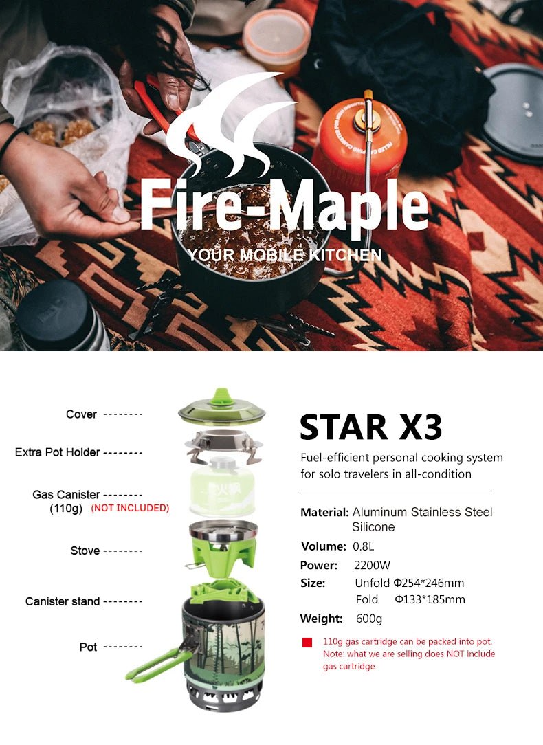 Réchaud 0,8L à gaz de camping 2200W avec allumage piézoélectrique 600g "Fire - Maple - FMS - X3" - Planète Rando