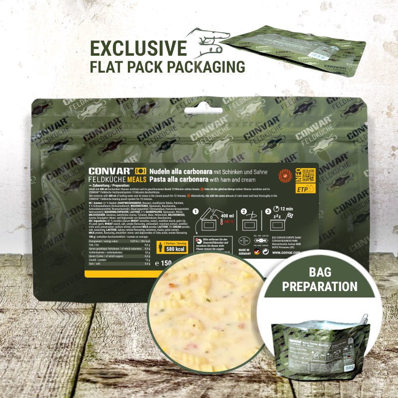 Repas lyophilisé / déshydraté 580Kcal longue conservation 10 ans 150g "CONVAR™ - Nouilles à la carbonara" - Planète Rando
