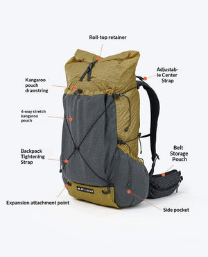 Sac à dos de randonnée ultraléger en tissu imperméable UHMWPE 700g "3F UL GEAR - TUTOR 30+10L" - Planète Rando