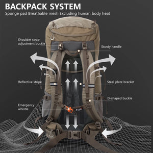 Sac à dos de trekking 1,58 kg avec housse de pluie 70L "BISINNA - B042" - Planète Rando