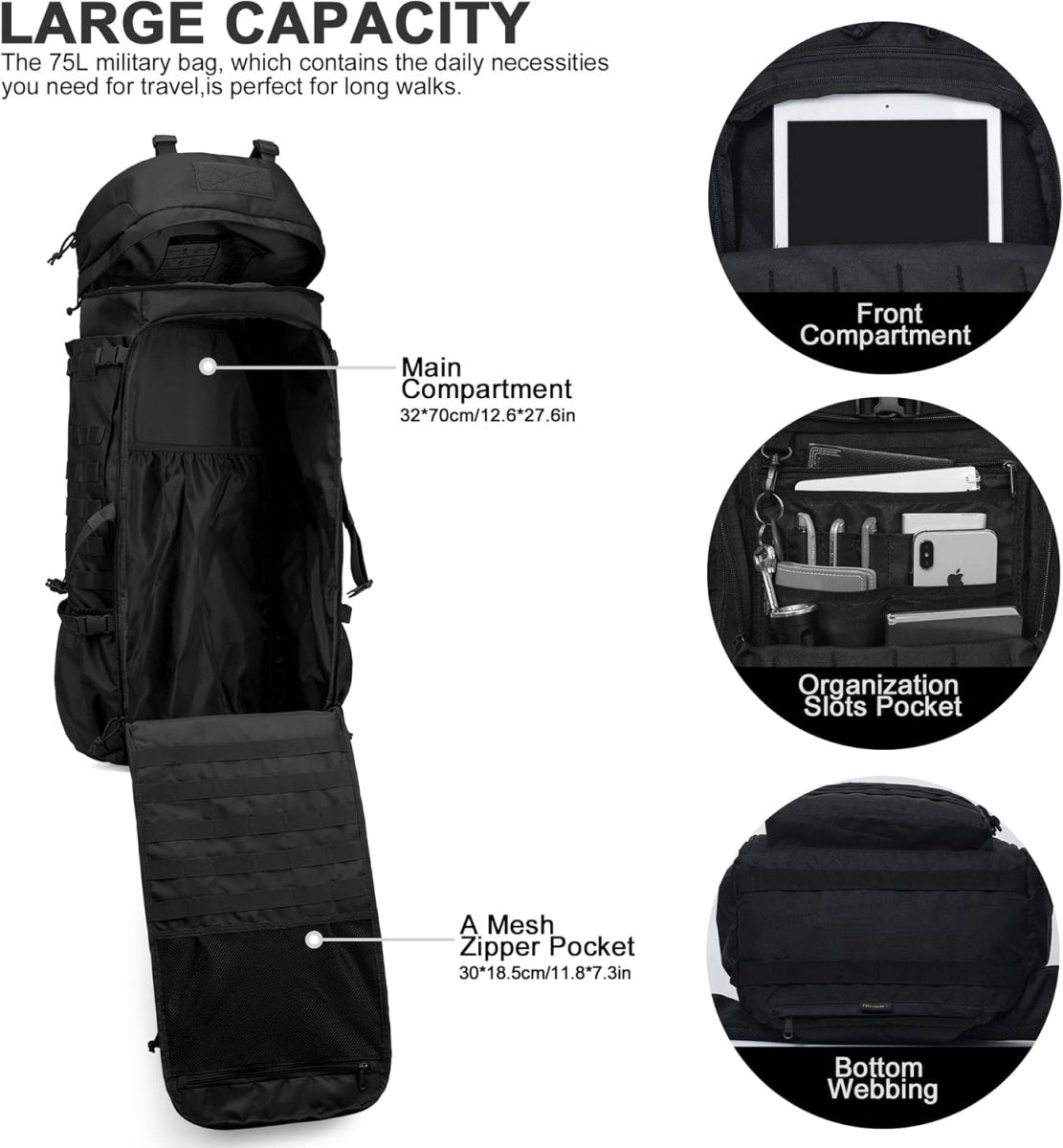 Sac à dos tactique grande capacité 75L avec MOLLE systeme "Mardingtop - M6312" - Planète Rando