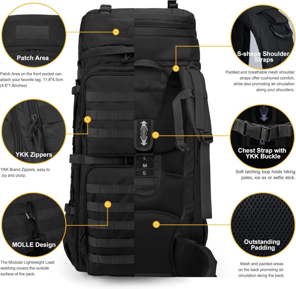 Sac à dos tactique grande capacité 75L avec MOLLE systeme "Mardingtop - M6312" - Planète Rando