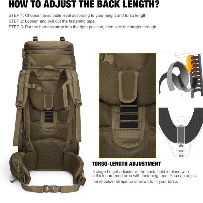 Sac à dos tactique LQ Army 75 L, en tissu Oxford imperméable, système MOLLE, tour de poitrine réglable, idéal pour la randonnée ou la survie en plein air.