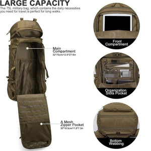 Sac à dos tactique LQ Army 75 L WDT2012, compartiment principal, multiples poches, sangles MOLLE, tissu Oxford imperméable.