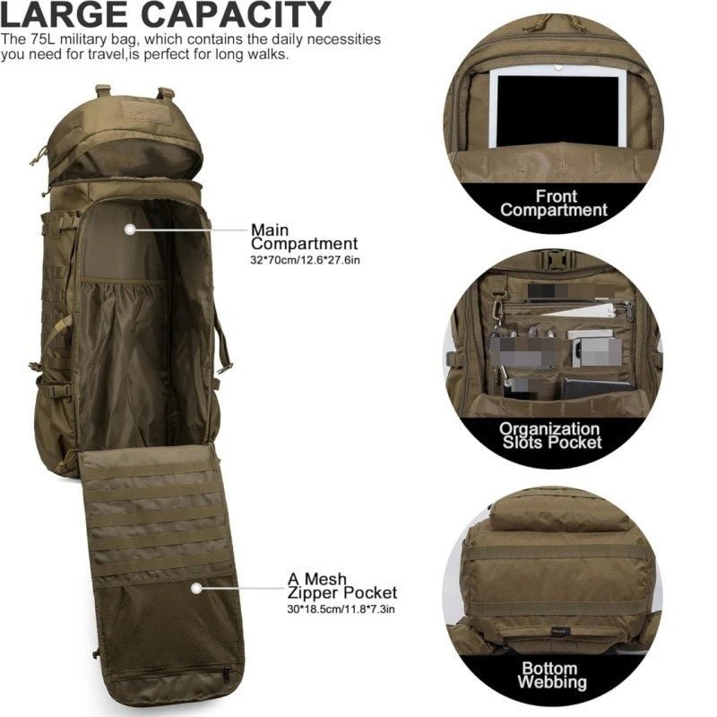 Sac à dos tactique LQ Army 75 L WDT2012, compartiment principal, multiples poches, sangles MOLLE, tissu Oxford imperméable.