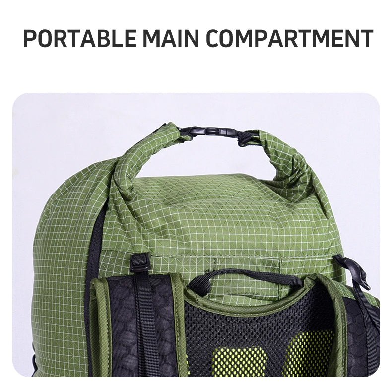 Le Sac à dos ultraléger 30L AML1066 d'ANMEILU est doté d'une grille verte, d'un compartiment principal portable, d'une poignée supérieure et est fabriqué en polyester imperméable pour une protection fiable pendant les randonnées ou les aventures sur les sentiers.