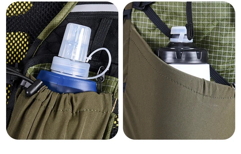 Deux vues rapprochées montrent des bouteilles d'eau dans les poches latérales du Sac à dos ultraléger pour le trekking et le trail 30L "ANMEILU - AML1066", mettant en évidence différents designs de poches et styles de bouchons de bouteilles.