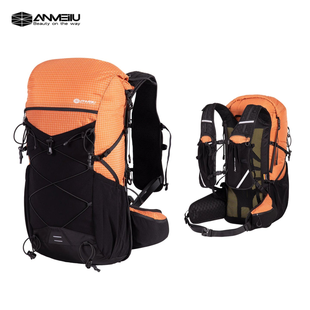 Deux vues du ANMEILU Sac à dos ultraléger pour le trekking et le trail 30L "AML1066" en orange et noir, avec de multiples sangles, un panneau arrière en maille, des épaulettes réglables et le logo ANMEILU sur le dessus.