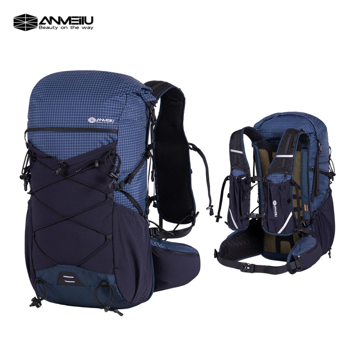 Deux vues du sac à dos ultraléger ANMEILU - AML1066 30L pour trekking et trail : face avant avec poche filet, dos avec bretelles rembourrées et système de ventilation.
