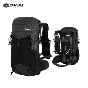 Deux vues du sac à dos ultraléger pour le trekking et le trail 30L "ANMEILU - AML1066" en noir et gris, avec compartiments multiples, poches en mesh, bretelles réglables et logo ANMEILU visible.