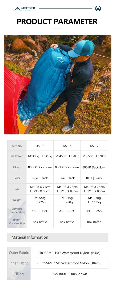 Sac de couchage ultralight en duvet de canard 800 FP & nylon imperméable RDS "Widesea - DS Series" - Planète Rando
