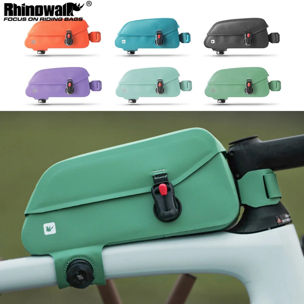 Six sacoches de cadre magnétiques Rhinowalk K33, dont une verte imperméable, avec gros plan sur montage sur vélo outdoor.