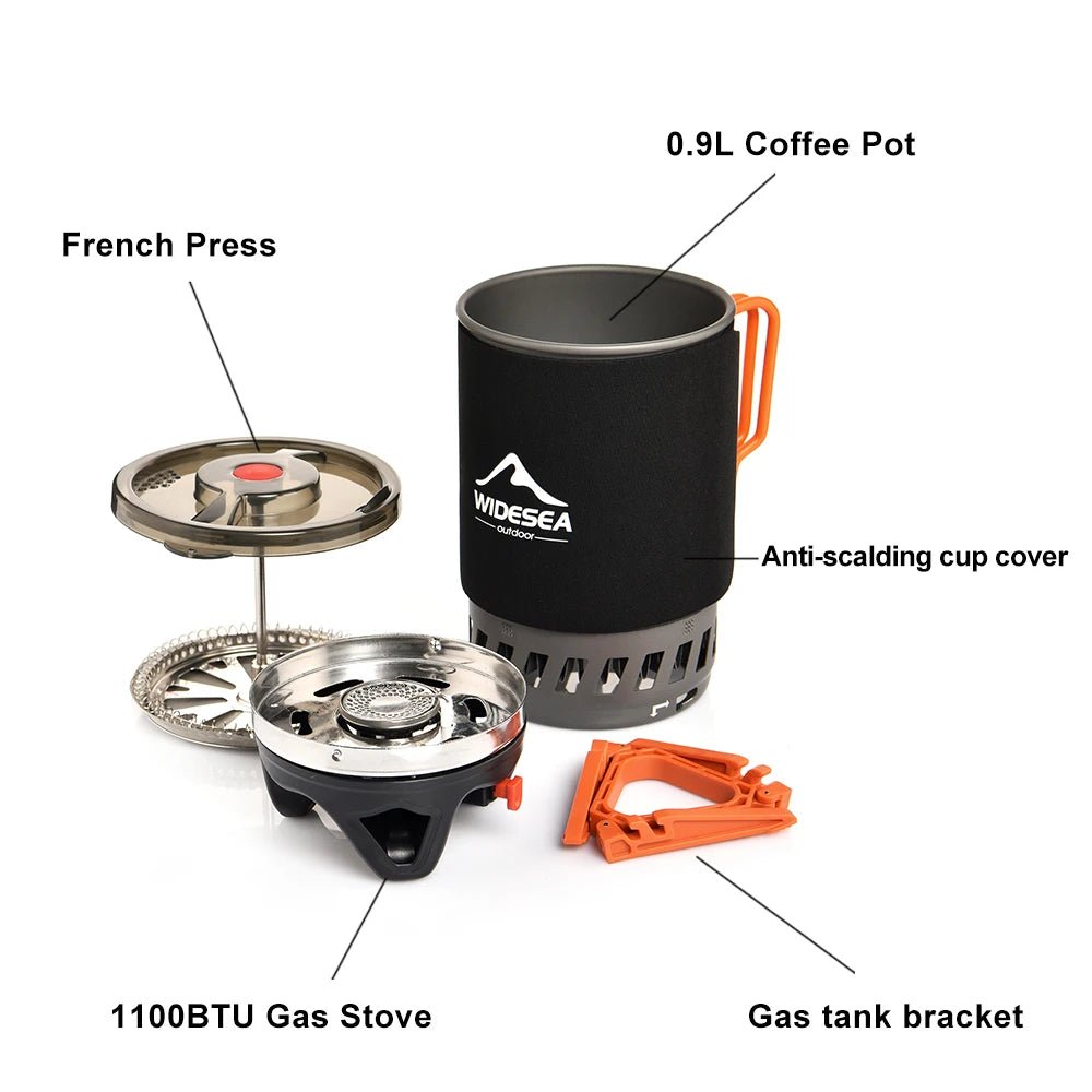 Système de cuisson avec réchaud à gaz de 1100 BTU et cafetière à piston de 900ML "Widesea - WSJC - 001" - Planète Rando
