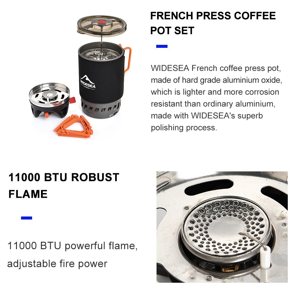 Système de cuisson avec réchaud à gaz de 1100 BTU et cafetière à piston de 900ML "Widesea - WSJC - 001" - Planète Rando