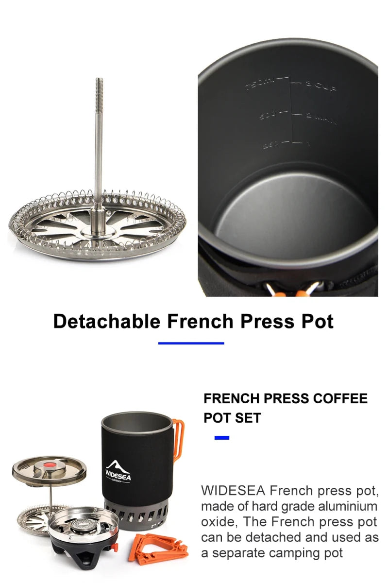 Système de cuisson avec réchaud à gaz de 1100 BTU et cafetière à piston de 900ML "Widesea - WSJC - 001" - Planète Rando