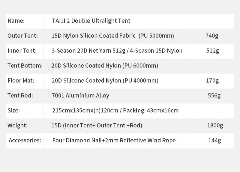 Tente de bivouac autoportante ultralégère pour 2 personnes 1,8kg "3F UL GEAR - TaiJi 2" - Planète Rando