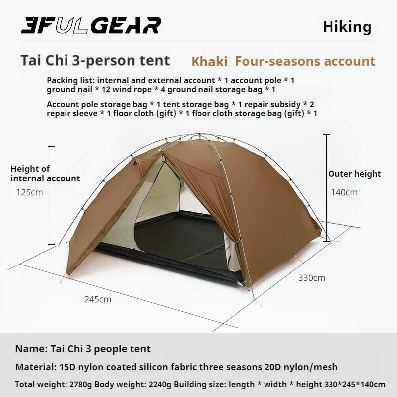 Tente de bivouac autoportante ultralégère pour 3 personnes 2,8kg "3F UL GEAR - TAIJI 3" - Planète Rando