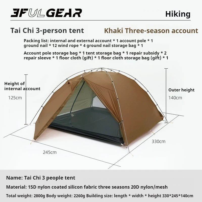 Tente de bivouac autoportante ultralégère pour 3 personnes 2,8kg "3F UL GEAR - TAIJI 3" - Planète Rando