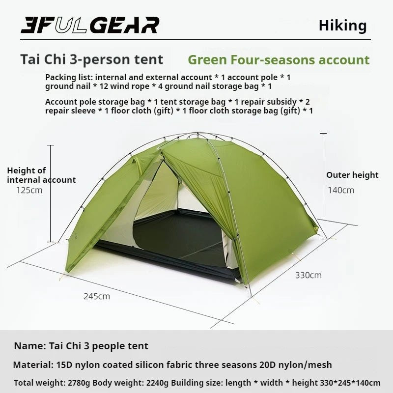 Tente de bivouac autoportante ultralégère pour 3 personnes 2,8kg "3F UL GEAR - TAIJI 3" - Planète Rando