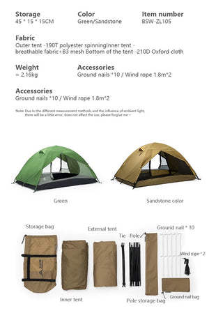 Tente de bivouac/camping pour 2 personnes à double parois 2,16kg "BISINNA - ZL105" - Planète Rando