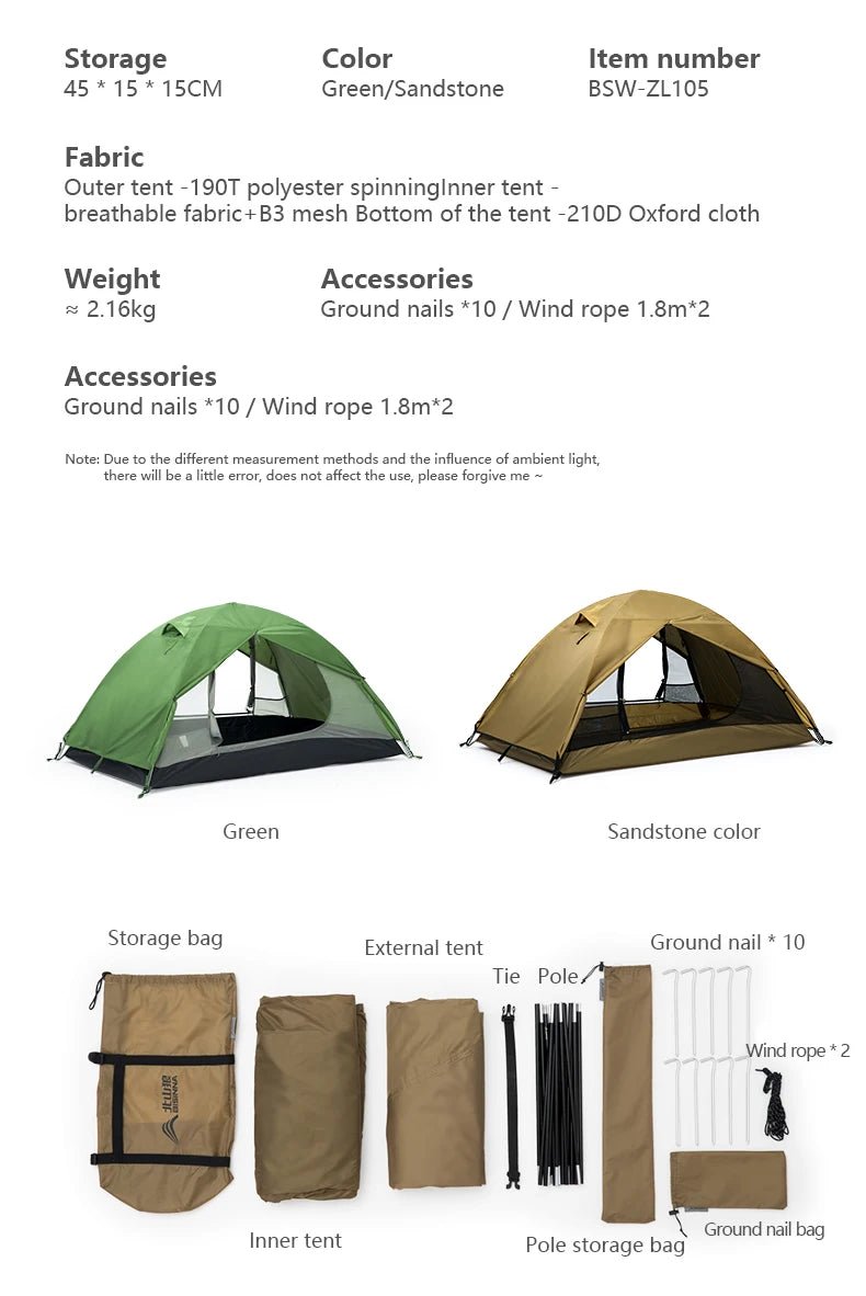 Tente de bivouac/camping pour 2 personnes à double parois 2,16kg "BISINNA - ZL105" - Planète Rando