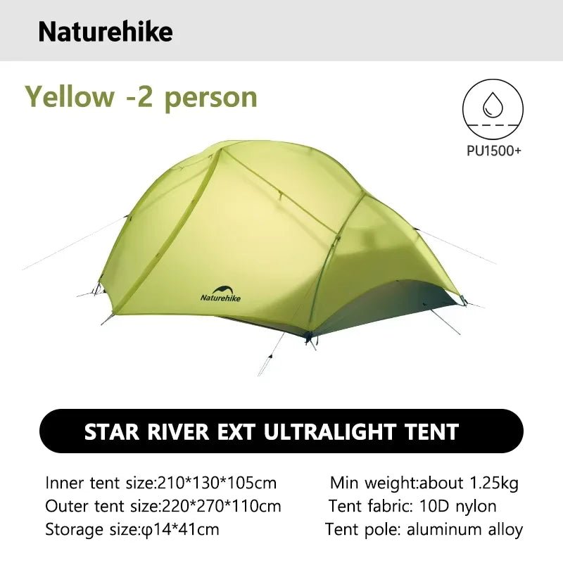 Tente de randonnée ultralégère en nylon 10D pour 1 à 2 personnes à partir de 780g "Naturehike - Star River EXT" - Planète Rando