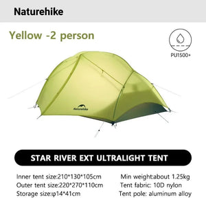 Tente de randonnée ultralégère en nylon 10D pour 1 à 2 personnes à partir de 780g "Naturehike - Star River EXT" - Planète Rando