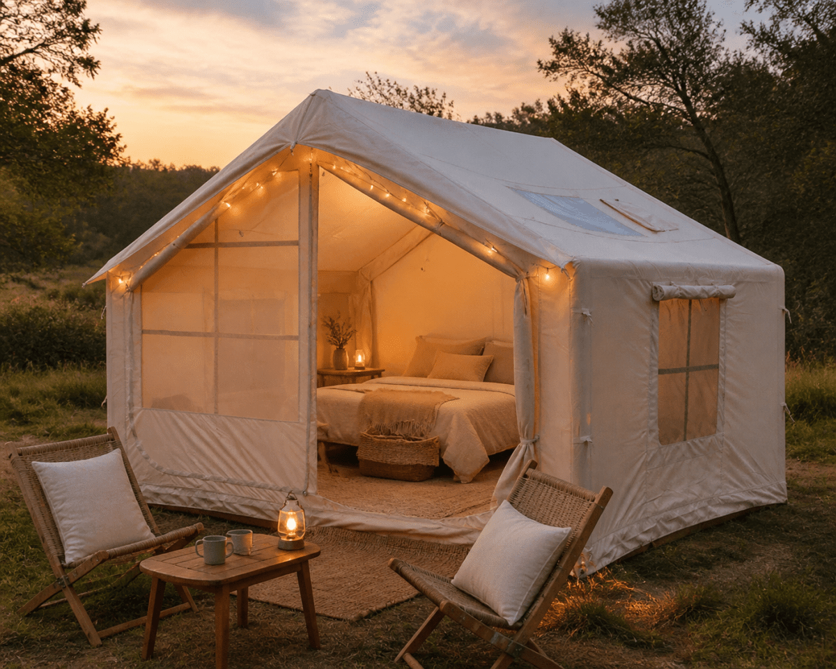 Tente gonflable familiale pour 2 à 6 personnes 7,5m2 avec fenêtre de toit en tissu Oxford 420D "Youqi - Glamping 7.5" - Planète Rando