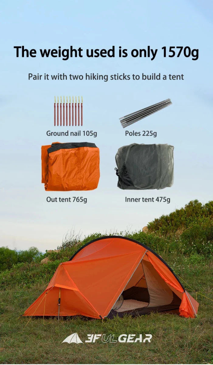 Tente hybride double - parois pour le bivouac / camping avec large espace intérieur 1,9kg "3F UL GEAR - SHELL 2" - Planète Rando