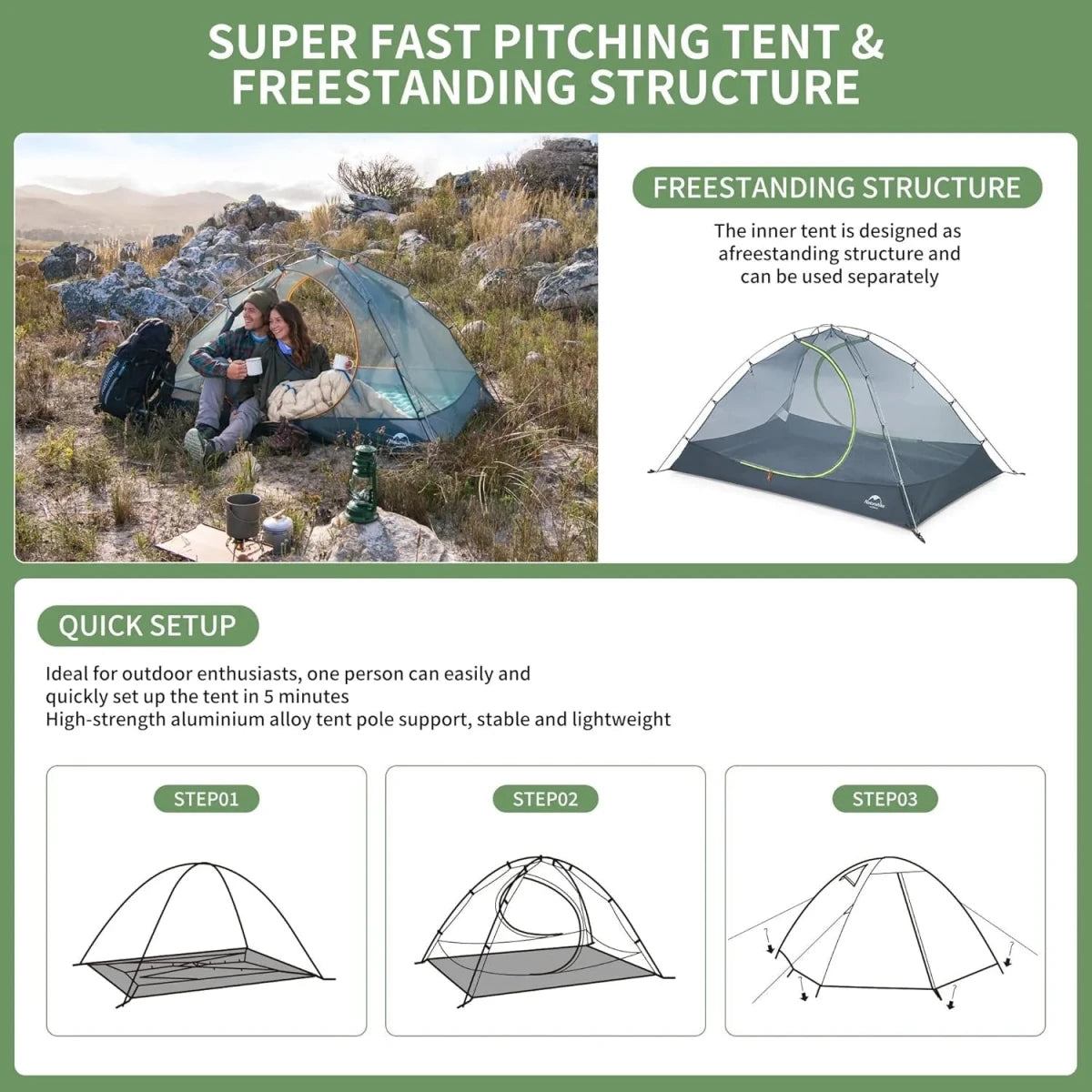 Tente ultralégère double-parois pour le bivouac et camping 2 personnes 1,95kg "Naturehike - Summer 2" - Planète Rando