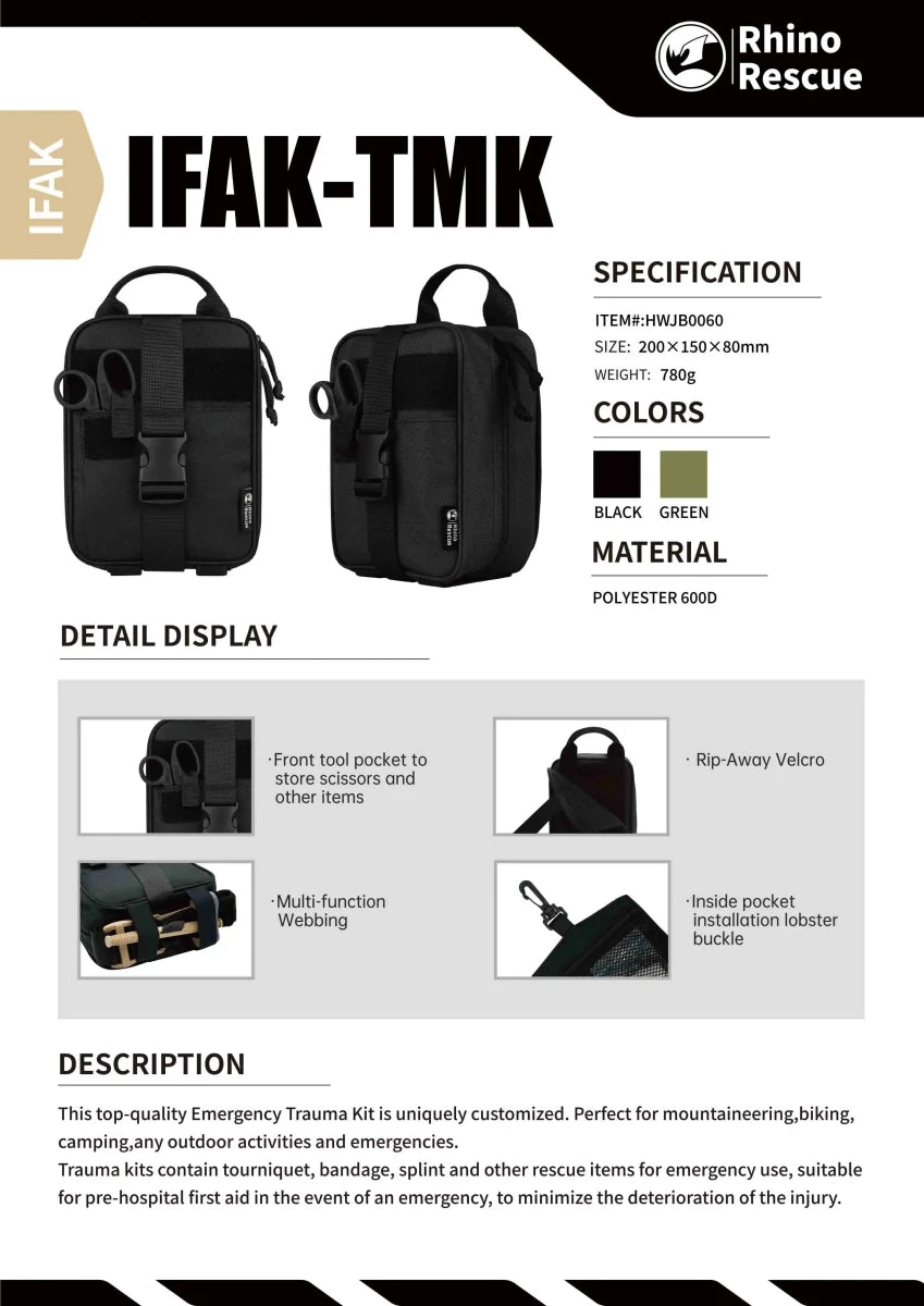 Trousse de premiers secours / kit de premiers secours pour les situations d'urgence "Rhino Rescue - IFAK - TMK" - Planète Rando