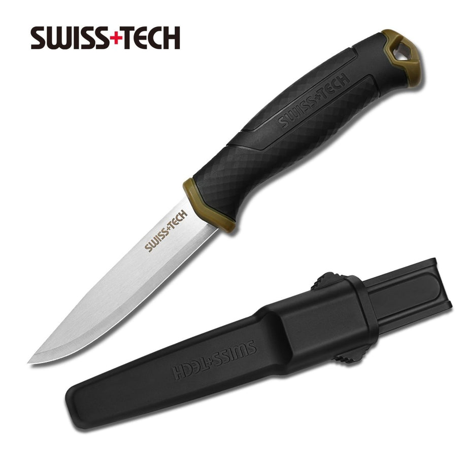 Couteau à lame fixe avec fourreau pour le bushcraft / bivouac 110g "SWISS TECH - ST011032AS" - | Planète Rando