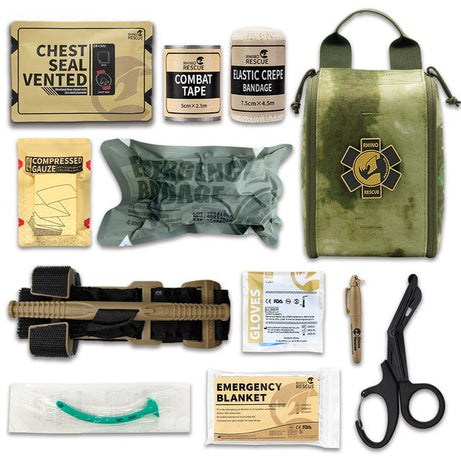 Kit de premiers soins militaires / kit d'urgence de survie & médical 650g "Rhino-rescue - QF002M IFAK" - Vert | Planète Rando