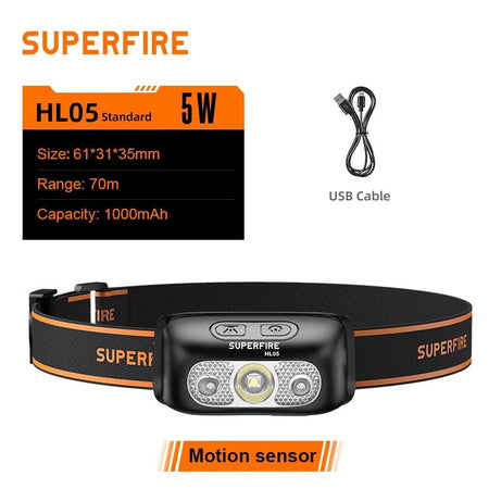 Mini-lampe frontale puissante à LED et rechargeable par USB avec capteur de mouvement "Superfire - HL05 series" - HL05 Black | Planète Rando