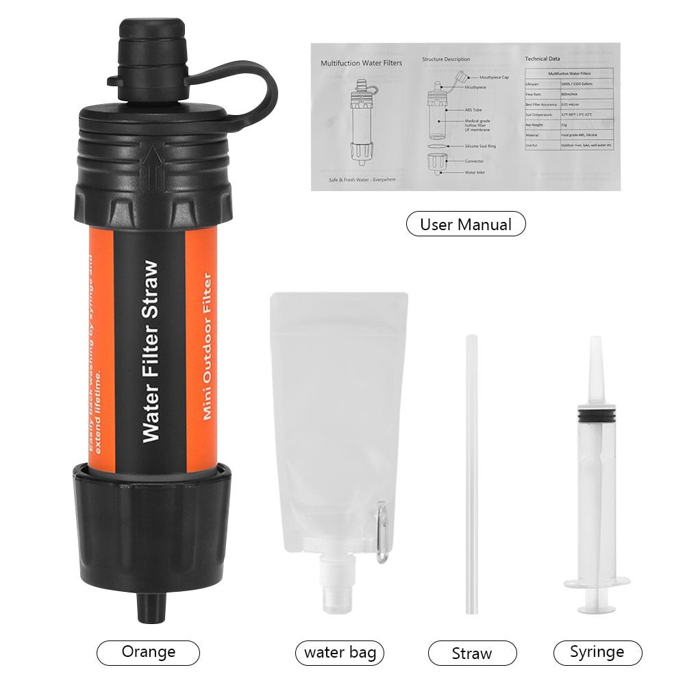 Purificateur d'eau / paille filtrante de survie d'urgence 55g "G-outdoor - Water Filter straw" - Orange | Planète Rando