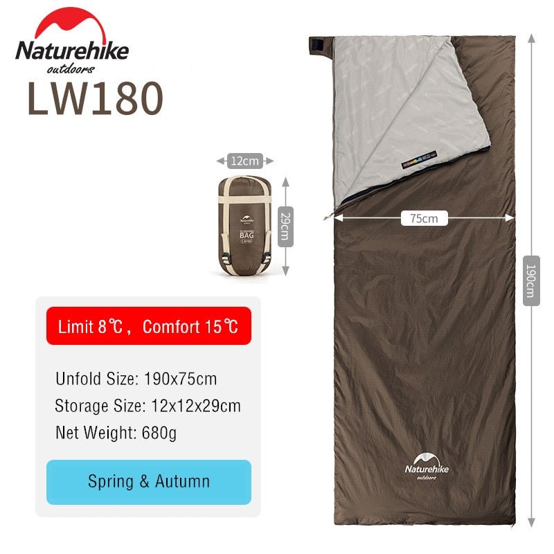 Sac de couchage ultralight & imperméable en coton confort +15°C (à partir de 680g) "Naturehike - LW180" - Marron / 190x75cm | Planète Rando